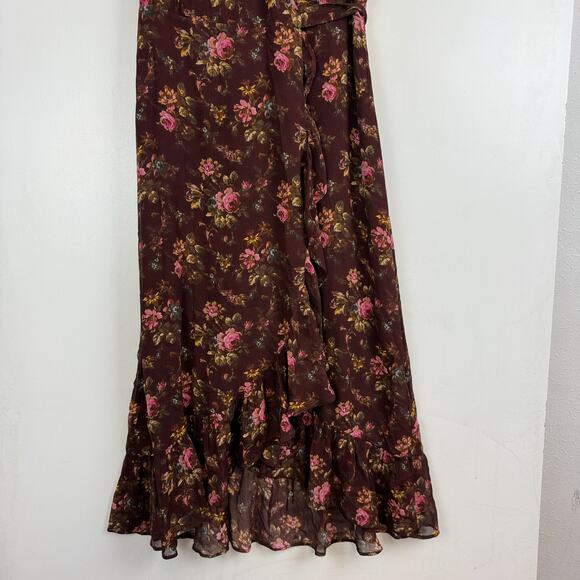 PAIGE Neroli Floral Print Silk Midi VNeck Dress Brown - S - Picture 3 of 9